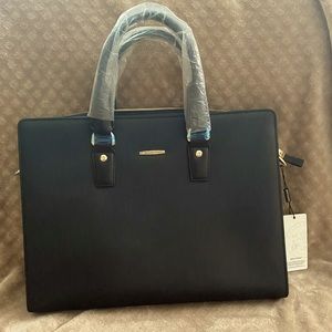 Bostanten  black leather briefcase shoulder laptop slim bag.